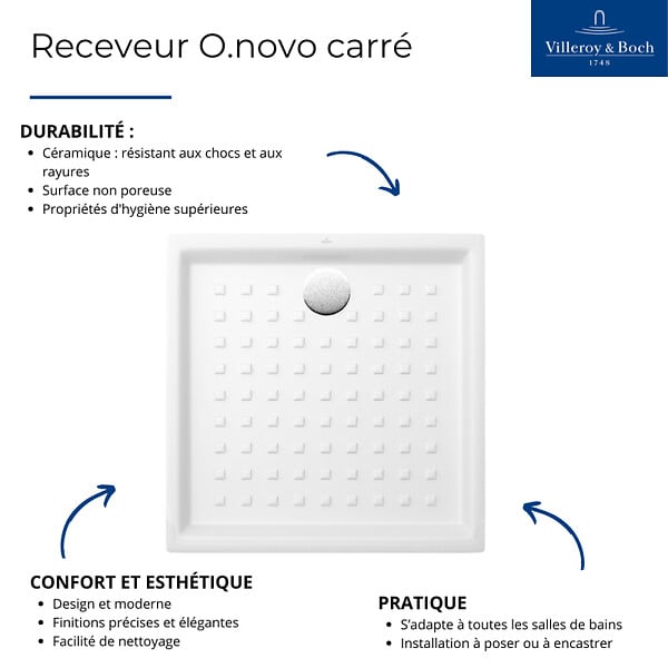VILLEROY ET BOCH - Receveur O.NOVO extra plat - carré - Dimensions : 90 X 90 cm - Couleur : BLANC - large