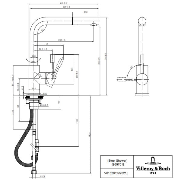 VILLEROY ET BOCH - Robinet cuisine  Steel Shower acier massif - large