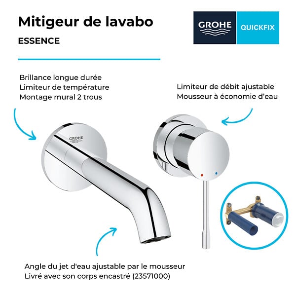 GROHE - Lot de 2 robinets lavabo muraux Essence 2 trous taille M chromé - large