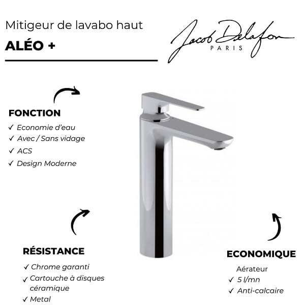 JACOB DELAFON - Mitigeur lavabo haut Aleo+ avec vidage - large