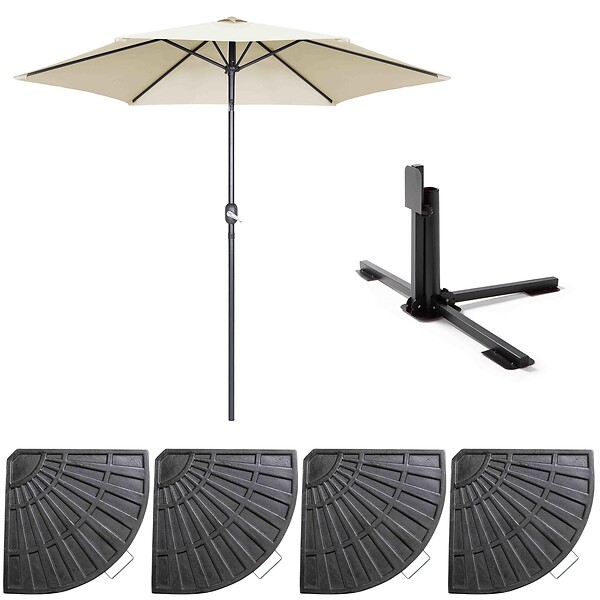 OVIALA - Parasol droit inclinable 3m et 4 dalles lestées aluminium blanc - Matera - large