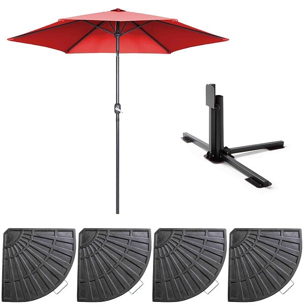 OVIALA - Parasol droit inclinable 3m et 4 dalles lestées aluminium rouge - Matera - large