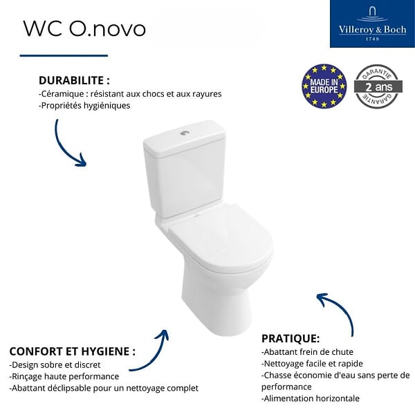 VILLEROY ET BOCH - Combi Pack O.NOVO PLUS en céramique - Sortie Verticale - Blanc - Avec abattant Soft Close blanc - large