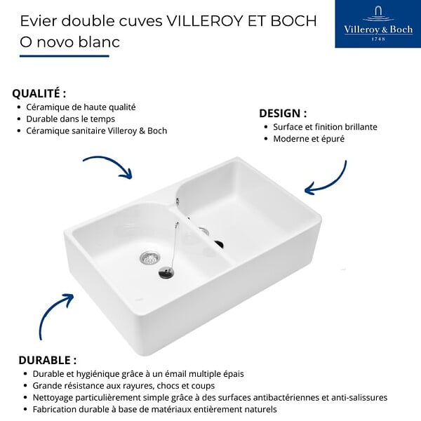 VILLEROY & BOCH - Evier 2 bacs BIBAC O.NOVO - Dimensions : 80 x 50 x 22 cm - couleur : BLANC - large