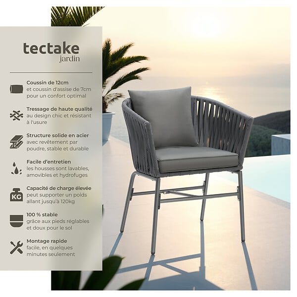 TECTAKE - Ensemble de chaises VALEIRAS effet corde tressée gris foncé/gris foncé - large