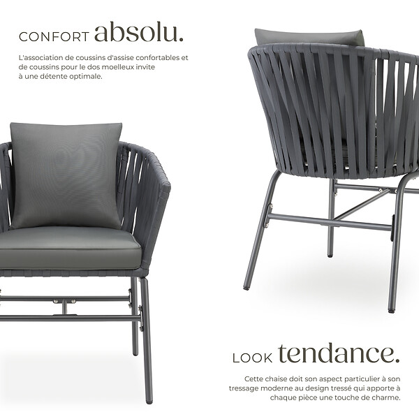 TECTAKE - Ensemble de chaises VALEIRAS effet corde tressée gris foncé/gris foncé - large