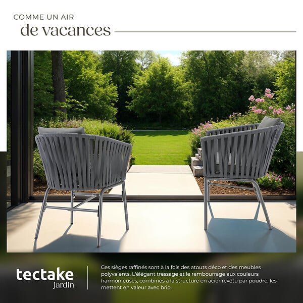TECTAKE - Ensemble de chaises VALEIRAS effet corde tressée gris foncé/gris foncé - large