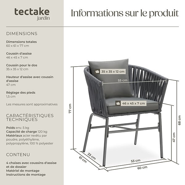 TECTAKE - Ensemble de chaises VALEIRAS effet corde tressée gris foncé/gris foncé - large