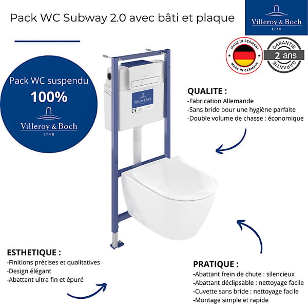 VILLEROY ET BOCH - Pack WC sans bride  Subway 2.0 avec abattant frein de chute + bâti Viconnect PRO + plaque Chromé mat - large