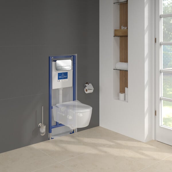 VILLEROY ET BOCH - Pack WC suspendu sans bride  Avento + Bâti support ViConnect Pro + abattant frein de chute + plaque chromée - large