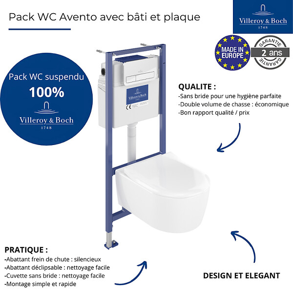 VILLEROY ET BOCH - Pack WC suspendu sans bride  Avento + Bâti support ViConnect Pro + abattant frein de chute + plaque chromée - large