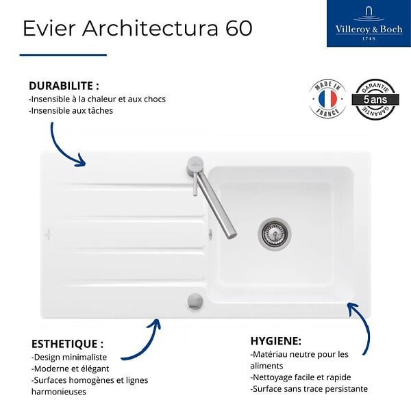 VILLEROY ET BOCH - Evier  Architectura 60 vidage auto + Robinet de cuisine Como Shower Acier Massif - large