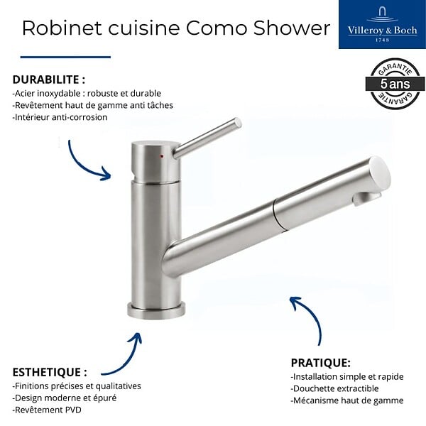 VILLEROY ET BOCH - Evier  Architectura 60 vidage auto + Robinet de cuisine Como Shower Acier Massif - large