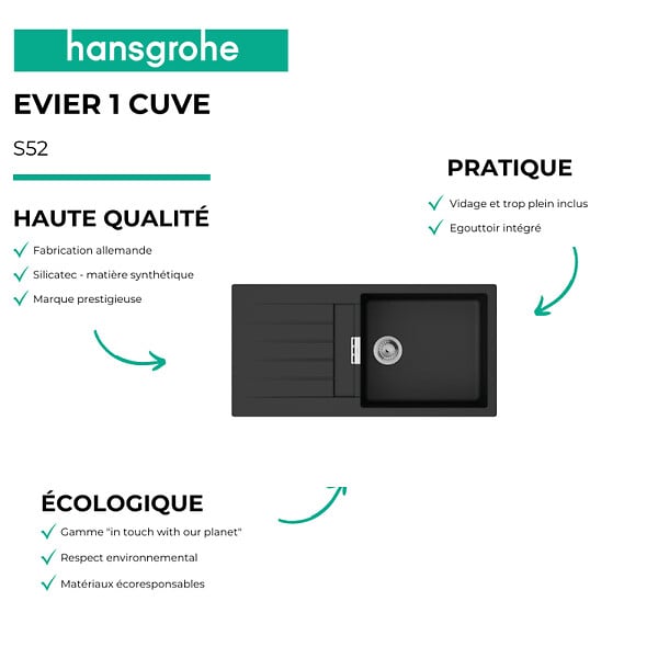 HANSGROHE - Evier 1 bac 980 S52 synthèse noir + robinet de cuisine Vernis Blend M35 210 noir mat - large