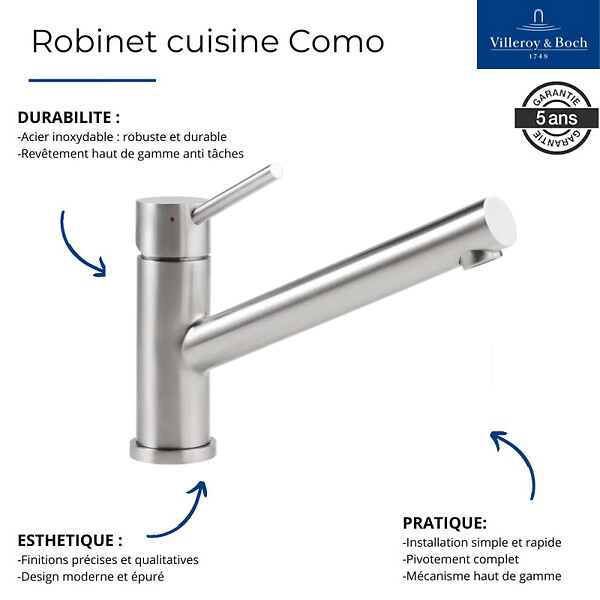 VILLEROY ET BOCH - Robinet cuisine  Como Acier massif - large