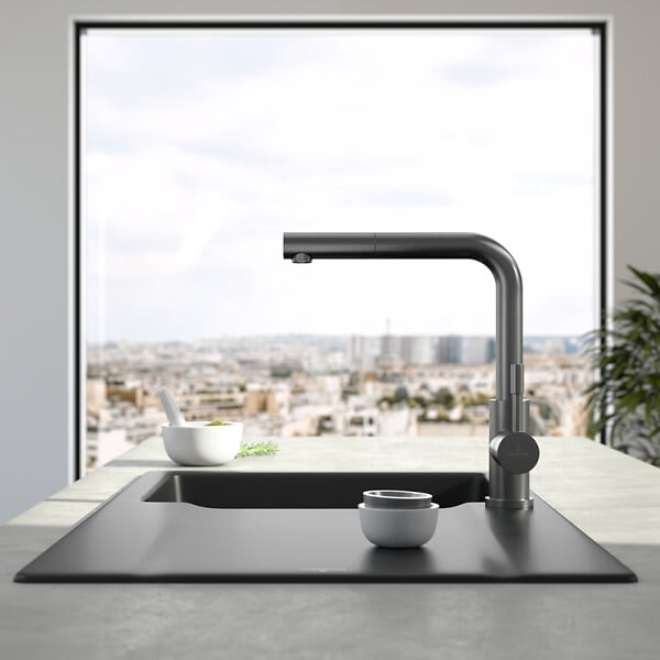 VILLEROY ET BOCH - Robinet cuisine  Steel Shower anthracite + nettoyant - large