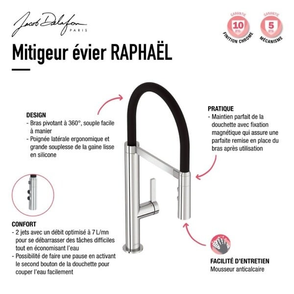 JACOB DELAFON - Robinet cuisine douchette extractible Raphaël chromé - large