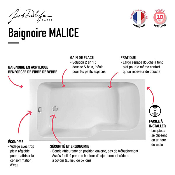 JACOB DELAFON - Baignoire bain douche Malice + nettoyant 160 x 85, version gauche - large