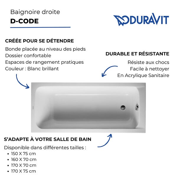 DURAVIT - Baignoire acrylique avec pieds D-Code - Dimensions : 160 x 70 cm - Couleur : BLANC - large