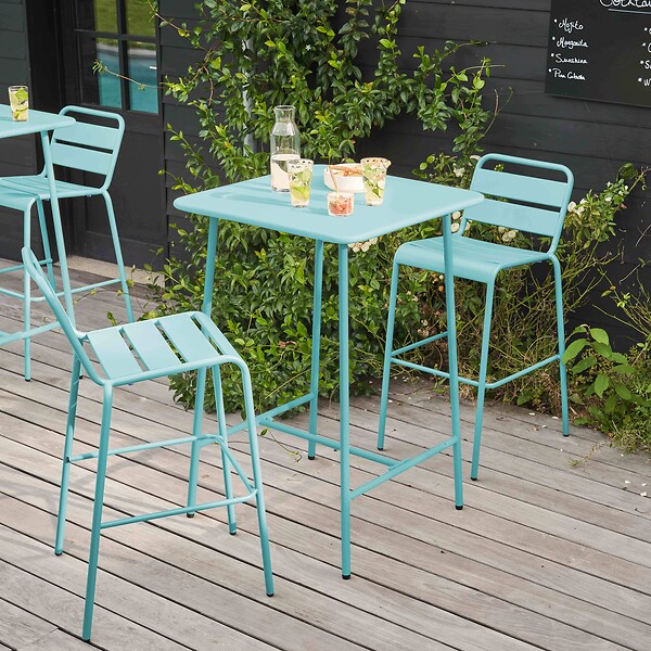 OVIALA - Ensemble table de bar et 2 chaises hautes en métal turquoise - Palavas - large