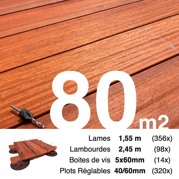 TERRASSEENBOIS - Kit complet terrasse bois exotique PADOUK pour 80 m², Lames 1,55 m, lambourdes 1,55 m, plots réglables et visserie Inox. - large