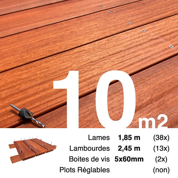 TERRASSEENBOIS - Kit terrasse bois exotique PADOUK pour 10 m², Lames 1,85 m, lambourdes 1,85 m et visserie Inox. - large