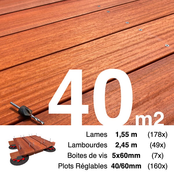 TERRASSEENBOIS - Kit complet terrasse bois exotique PADOUK pour 40 m², Lames 1,55 m, lambourdes 1,55 m, plots réglables et visserie Inox. - large