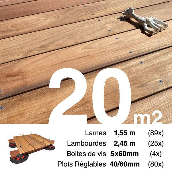TERRASSEENBOIS - Kit complet terrasse bois exotique JATOBA pour 20 m², Lames 1,55 m, lambourdes 1,55 m, plots réglables et visserie Inox. - large