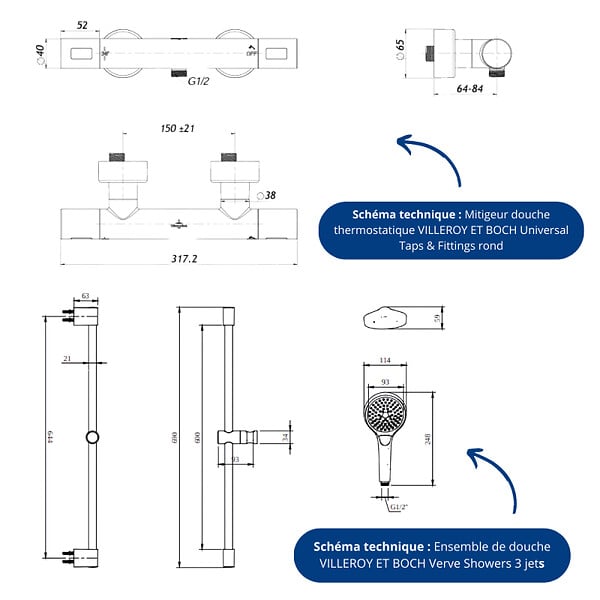 VILLEROY ET BOCH - Mitigeur douche thermostatique  Universal rond + Ensemble de douche Verve Showers 3 jets chromé - large