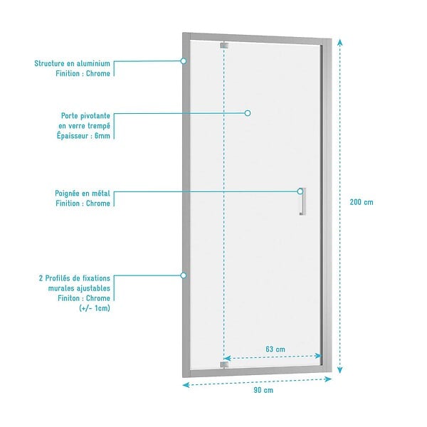 AURLANE - Porte de douche pivotante - 90x200 cm - Profilés Chrome - verre trempé 6 mm - CHROMED CRUSH - large