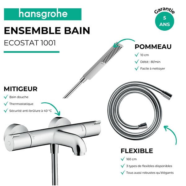 HANSGROHE - Pack mitigeur bain thermostatique Ecostat 1001CL + Flexible Metaflex + Pommeau Pulsify E 100 EcoSmart chromé - large