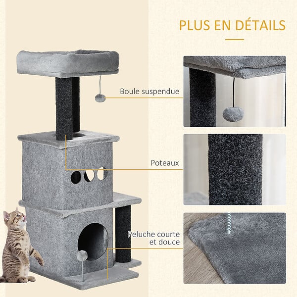 PAWHUT - Arbre à chat centre d'activités griffoirs jeu boule suspendue et à ressort 2 niches housses amovibles plateformes gris - large