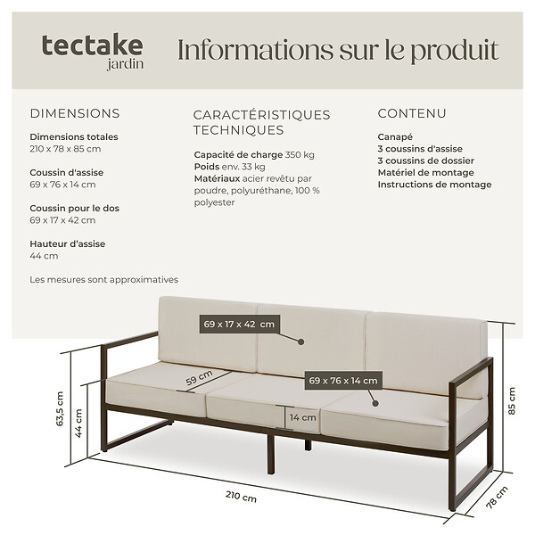 TECTAKE - Canapé de jardin COMOSA 3 places marron/beige - large