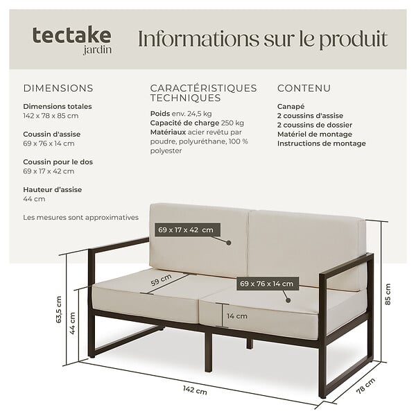 TECTAKE - Canapé de jardin COMOSA 2 places avec rembourrage épais marron/beige - large