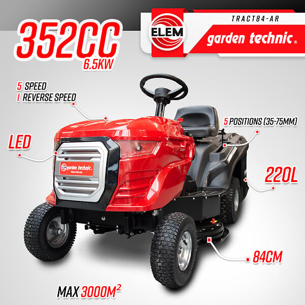 ELEM GARDEN TECHNIC - Tracteur tondeuse 352cc - largeur de coupe 84cm - large