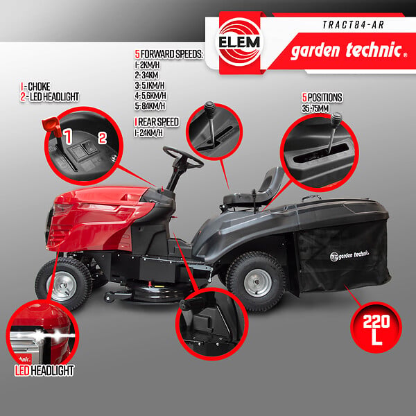ELEM GARDEN TECHNIC - Tracteur tondeuse 352cc - largeur de coupe 84cm - large
