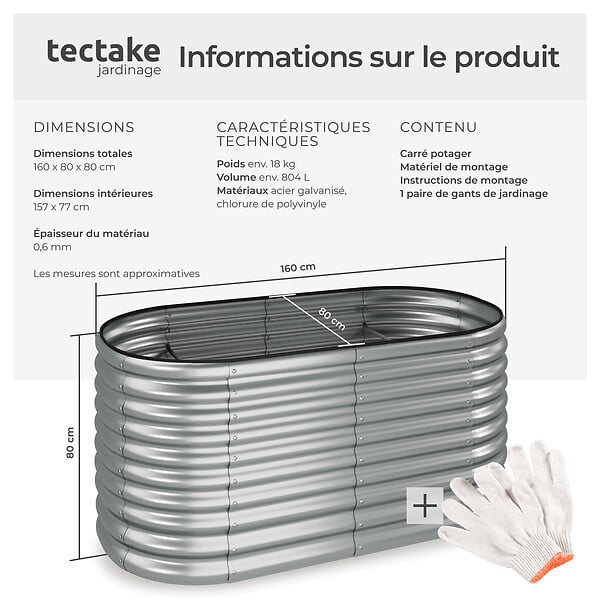 TECTAKE - Carré potager FLORMMA 160 x 80 x 80 cm argent - large