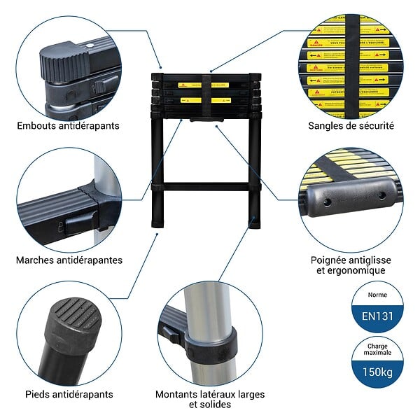 HOSTRÃ–M - Echelle telescopique 2m TELESCOO7, Aluminium, Pliable, Extensible, Hauteur de travail max 2,9m, Standart EN131, Garantie 5 ans, Hostrom - large