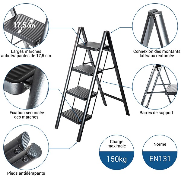 HOSTRÃ–M - Escabeau 4 marches FOLDPACT4, Marche pied pliable, Design ultra-compact, Marches larges 17,5 cm, Acier, Etagère temporaire, Garantie 5 ans, Hostrom - large