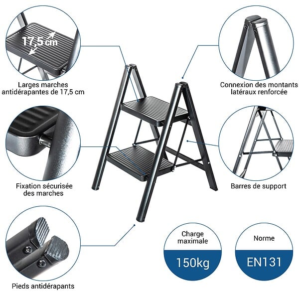 HOSTRÃ–M - Escabeau 2 marches FOLDPACT2, Marche pied pliable, Design ultra-compact, Marches larges 17,5 cm, Acier, Etagère temporaire, Garantie 5 ans, Hostrom - large