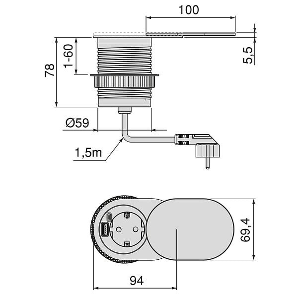 EMUCA - Multiconnecteur Vertikal Flat 60, diamètre 60mm, 1 x prise Schuko, 1 x USB Type A, 1 x USB Type C, Acier et Plastique, Acier inoxydable - large