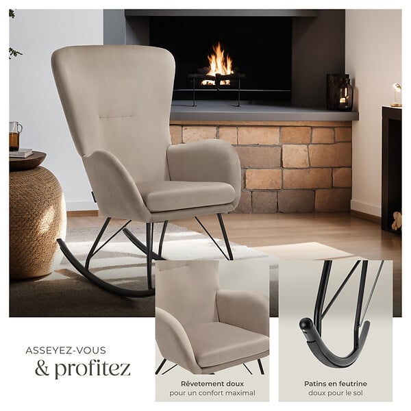 TECTAKE - Fauteuil à bascule SWING avec patins en acier et rembourrage épais noir/taupe - large
