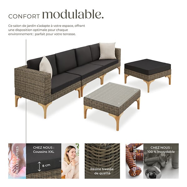 TECTAKE - Salon en rotin avec cadre en aluminium Konstanza marron naturel - large