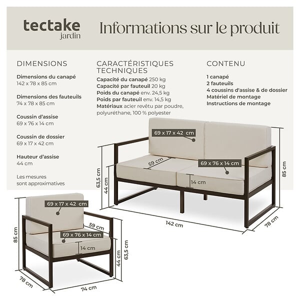 TECTAKE - Salon de jardin COMOSA pour 4 personnes marron/beige - large