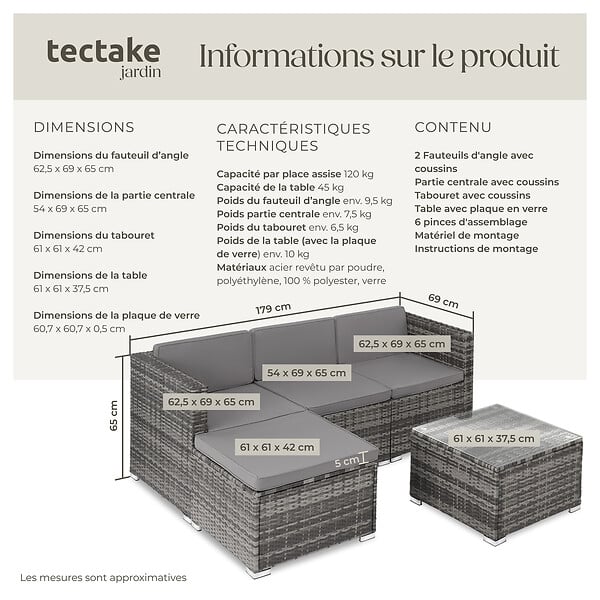 TECTAKE - Salon 5 places en rotin gris avec housses amovibles déperlantes cadre acier revêtu poudre - large
