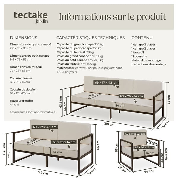TECTAKE - Salon de jardin COMOSA pour 6 personnes marron/beige - large