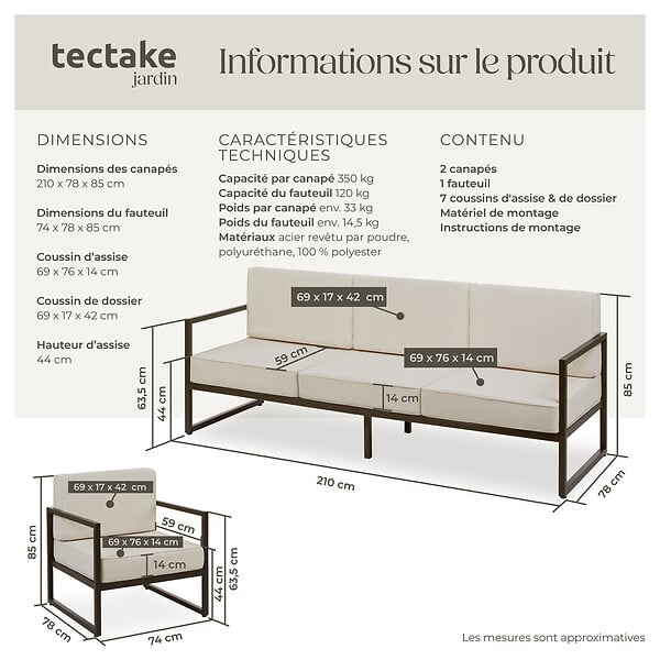 TECTAKE - Salon de jardin COMOSA pour 7 personnes marron/beige - large