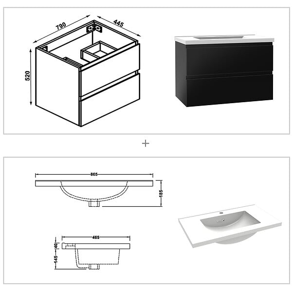 AICA SANITAIRE - AICA Meuble salle de bain 80cm noir brillant avec 2 tiroirs à fermeture automatique et simple lavabo céramique - large