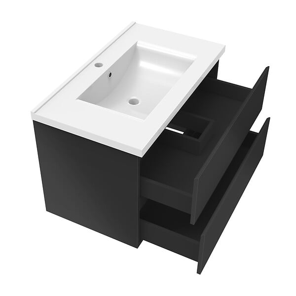 AICA SANITAIRE - AICA Meuble salle de bain 80cm noir brillant avec 2 tiroirs à fermeture automatique et simple lavabo céramique - large