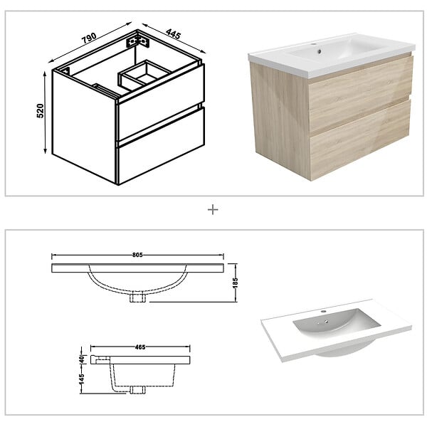 AICA SANITAIRE - AICA ensemble meuble salle de bain 80 cm Chêne Wotan brillant avec 2 tiroirs à fermeture automatique, lavabo céramique simple + colonne, suspendu - large